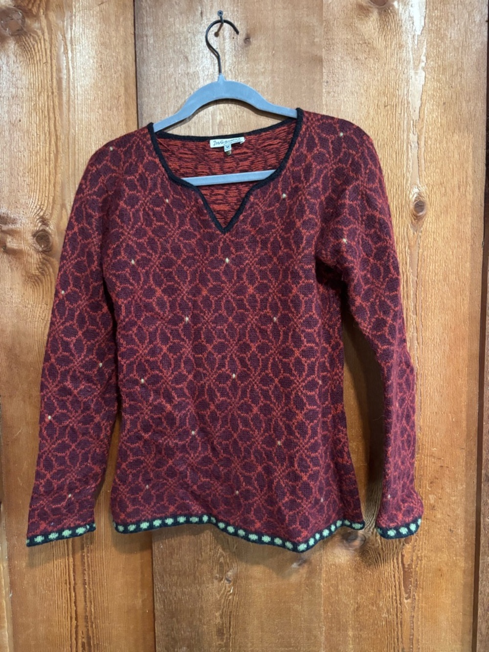 Indigenous One Weave Alpaca Wool Notch V-Neck Sweater M Geometric Knit Peru